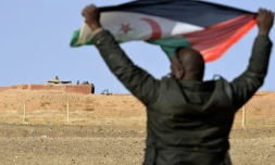 Un sahraoui brandit un drapeau du front polisario, non loin de soldats marocains surveillant le mur de défense au nord-ouest du territoire, près d'El-Mahbes, dans un secteur sous contrôle sahraoui, le 3 février 2017