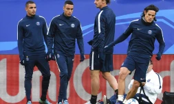 Les Parisiens Layvin Kurzawa, Gregory Van der Wiel, Zlatan Ibrahimovic et Edinson Cavani lors d'un entraînement le 29 septembre 2015 à Lviv
