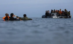 Des migrants essaient de monter à bord d'un "bateau-taxi" pour traverser la Manche le 19 septembre 2025 au large de la plage de Gravelines, dans le nord de la France