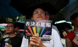 Des partisans du mariage gay rassemblés devant le Parlement, le 17 mai 2019 à Taipei, à Taïwan