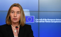 La cheffe de la diplomatie européenne Federica Mogherini, lors d'une conférence de presse à Bruxelles, au Luxembourg, le 16 octobre 2017