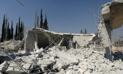 Les ruines d'un bùtiment frappé par les Etats-Unis dans la province d'Alep en Syrie le 1er juillet 2019