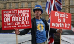 Steve Bray, un Gallois de 59 ans, ici le 17 octobre 2018, manifeste devant le Parlement à Londres à chaque session depuis plus d'un an en criant inlassablement: "Stop Brexit!"
