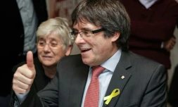 Le président destitué de Catalogne Carles Puigdemont réagit à la victoire électorale des indépendantistes depuis Bruxelles, le 21 décembre 2017
