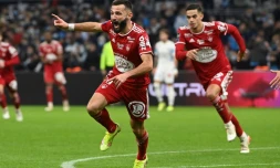 La joie du milieu de terrain brestois Franck Honorat, aprÚs avoir marqué le 2e but face à Marseille, lors de la 17e journée de Ligue 1, le 4 décembre 2021 au Stade Vélodrome