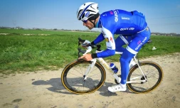 Le Belge Tom Boonen en reconnaissance sur un tronçon pavé de Paris-Roubaix, le 7 avril 2017 à Roubaix