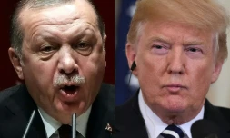Montage créé le 11 août 2018 montrant la photo du président turc Recep Tayyip Erdogan (d) prise le 26 janvier 2018 à Ankara et celle du président américain Donald Trump (g) prise le 30 juillet 2018 à Washington