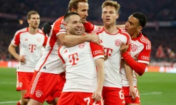 La joie des joueurs du Bayern aprĂšs le but de Joshua Kimmich (N.6) contre Arsenal, en quart de finale retour de la Ligue des champions, le 17 avril 2023 Ă Munich