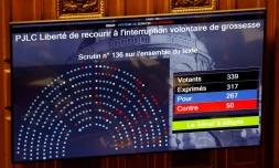 Un écran affiche le résultat du vote au Sénat sur la constitutionnalisation de l'IVG, le 28 février 2024 à Paris