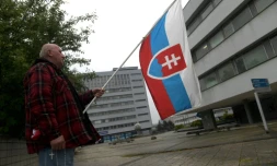 Un partisan du gouvernement avec un drapeau slovaque, le 17 mai 2024, devant l'hôpital où est soigné le Premier ministre Robert Fico, en état grave après une tentative de meurtre quatre jours plus tôt