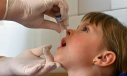 Une petite fille reçoit le vaccin contre la polio à la polyclinique pédiatrique de Kiev, en Ukraine, le 22 août 2019