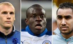 Photo montage de Jérémy Mathieu (Barcelone), Ngolo Kanté (Leicester) et Dimitri Payet (West Ham) sélectionné en équipe de France par Didier Deschamps, le 17 mars 2016