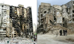 Un immeuble endommagé aprÚs un bombardement en Ukraine, à Kharkiv, le 8 mars 2022 (gauche) et un immeuble détruit dans la vieille ville syrienne d'Alep, le 17 décembre 2016 (droite)