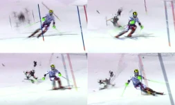 Photos montage avec le crash du drone (g) derrière l'Autrichien Marcel Hirscher lors de la 2e manche du slalom de Madonna (Italie), le 23 décembre 2015