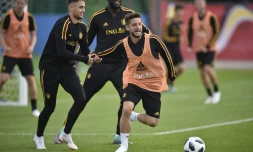 Les internationaux belges Adnan Januzaj, Romelu Lukaku et Dries Mertens (de g à d) à l'entraînement, le 14 juin 2018 à Moscou 