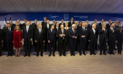 Photo de famille des dirigeants invités aux commémoration du  75e anniversaire de la libération du camp nazi d'Auschwitz, le 22 janvier 2020 à la résidence du président israélien Reuven Rivlin à Jérusalem