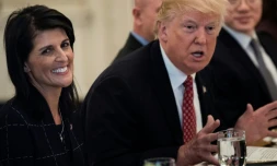 Le président américain Donald Trump (d) et son ambassadrice à l'ONU Nikki Haley (g), le 24 avril 2017 à Washington