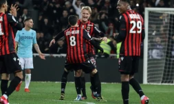 L'attaquant danois de Nice, Kasper Dolberg (c), auteur d'un doublé lors de la réception de Monaco, en Ligue 1, le 7 mars 2020 