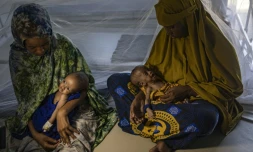 Des femmes somaliennes récemment déplacées tiennent dans leurs bras leurs bébés souffrant de malnutrition sévère dans un centre de santé, à Kismayo, le 22 avril 2026 
