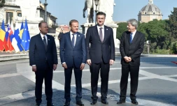 (G à D) Le Premier ministre maltais Joseph Muscat, le président du Conseil de l'Europe Donald Tusk, le Premier ministre croate Andrej Plenkovic et le Premier ministre italien Paolo Gentiloni à Rome le 25 mars 2017