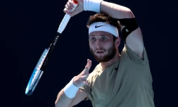 Le Français Corentin Moutet lors de son 2e tour de l'Open d'Australie de tennis, le 10 février 2021 à Melbourne