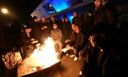 Des chauffeurs de taxis en grĂšve le 28 janvier 2016 Ă la Porte Maillot, Ă Paris
