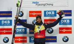 Martin Fourcade, le 4 mars 2017 après sa victoire lors de la poursuite de Pyeongchang