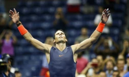 L'Espagnol Eafael Nadal savoure sa victoire face à l'Autrichien Dominic Thiem en quarts de finale de l'US Open, le 5 septembre 2018 à New York