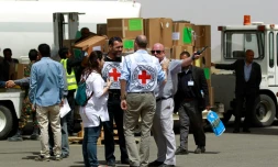Des employés du Comité international de la Croix-Rouge sur le tarmac de l'aéroport de Sanaa au Yémen, le 10 avril 2015