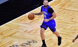 Evan Fournier sous le maillot du Magic d'Orlando, lors de la réception des Brooklyn Nets, le 19 mars 2021 en Floride