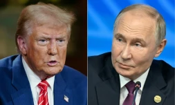 Combinaison de photos créée le 7 novembre 2024, montrant le président américain Donald Trump (à gauche) le 15 octobre à Cumming (Etats-Unis), et le président russe Vladimir Poutine (à droite) à Kazan (Russie) le 24 octobre 2024