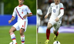 Photomontage réalisé le 9 juin 2016 montrant le Russe Roman Shirokov et le capitaine de l'Angleterre Wayne Rooney