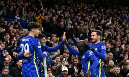 Les joueurs de Chelsea célÚbrent le but de Christian Pulisic, enlacé par Kai Havertz, également buteur, contre Lille en 8e de finale de la Ligue des champions à Stamford Bridge, le 22 février 2022