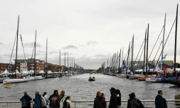 Des monocoques concurrents de la Transat Jacques-Vabre, le 28 octobre 2023 au Havre