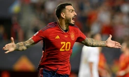 L'attaquant espagnol Joselu vient de marquer le but de la victoire contre l'Italie en demi-finale de la Ligue des nations, le 15 juin 2023 Ă Enschede