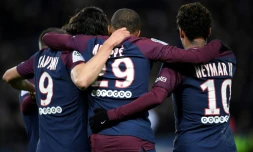 Le trio offensif du PSG Edinson Cavani, Kylian Mbappé et Neymar après un but contre Dijon, le 17 janvier 2018 au Parc des Princes