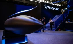 Le stand de l'ukrainien Fire Point au salon mondial de défense Eurosatory à Villepinte, au nord de Paris, le 15 juin 2026  