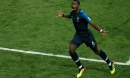 Paul Pogba auteur du 3e but de l'équipe de France contre la Croatie au stade Loujniki à Moscou, le 15 juillet 2018 