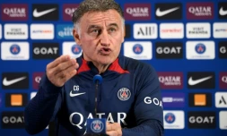 L'entraßneur du PSG Christophe Galtier en conférence de presse le 20 avril 2023 à Angers