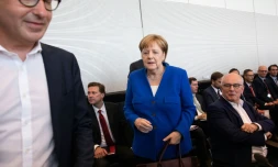 Angela Merkel arrive aux négociations entre les partis CSU et CDU, le 2 juillet 2018 à Berlin