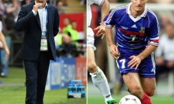 Didier Deschamps, le sélectionneur, après le match contre le Danemark, à Moscou, le 26 juin 2018, et, le capitaine et milieu de l'équipe de France, lors de la demi-finale face à la Croatie, le 8 juillet 1998