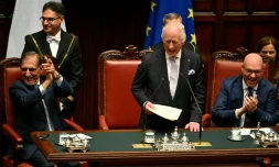 Le roi Charles III prononce un discours au Parlement italien, le 9 avril 2025 à Rome, lors d'une visite d'Etat en Italie