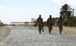 Des soldats syriens après avoir repris Palmyre au groupe Etat islamique (EI), le 27 mars 2016 