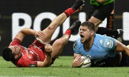 Le 2e ligne de Montpellier Paul Willemse exulte après avoir inscrit un essai contre le LOU, le 25 mai 2018 à Lyon