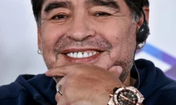 La star argentine Diego Maradona en conférence de presse le 16 juillet 2018 à Brest (ouest du Bélarus)