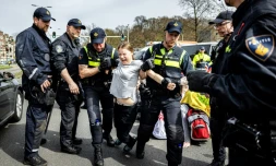 Greta Thunberg interpellée lors d'une manifestation à La Haye, le 6 avril 2024