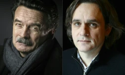 Montage photo d'Edwy Plenel, directeur de Mediapart (G), en février 2016, et de Riss, directeur de Charlie Hebdo, en février 2015