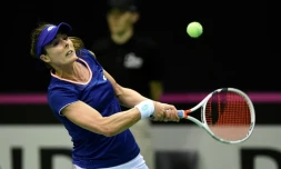 La Française Alizé Cornet vainqueur de la Belge Elise Mertens lors de la Fed Cup à Liège le 9 février 2019