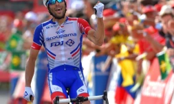 Le Français Thibaut Pinot lors d'une victoire d'étape sur la Vuelta, le14 septembre 2018 en Andorre
