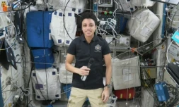L'astronaute de la Nasa Jessica Watkins lors d'une interview exclusive à l'AFP depuis la Station spatiale internationale, le 1er août 2022